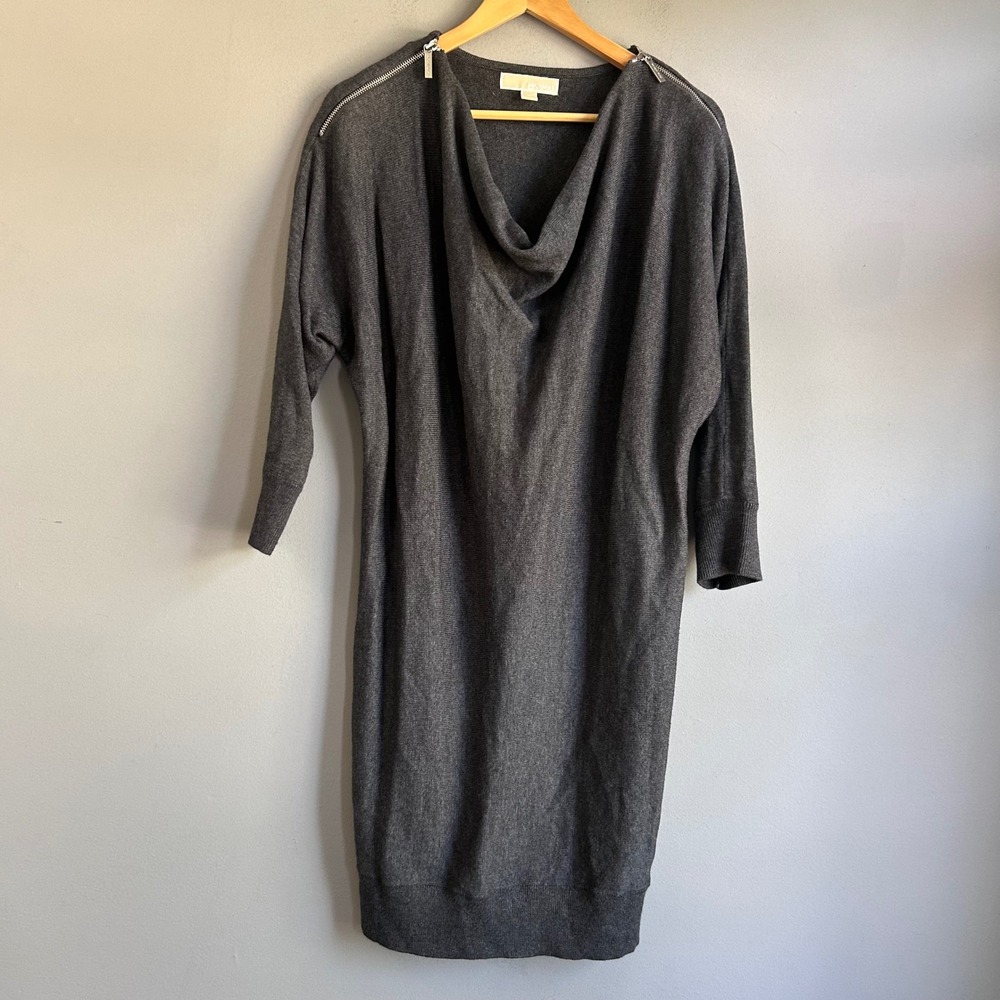 Michael Kors Charcoal Gray Cowl Neck Zipper Shoulder Sweater Dress Womens M